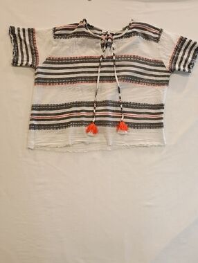 Surfer Girl Boho Gauze Cotton Crop Top Tassel Tie Boxy Top Size Small